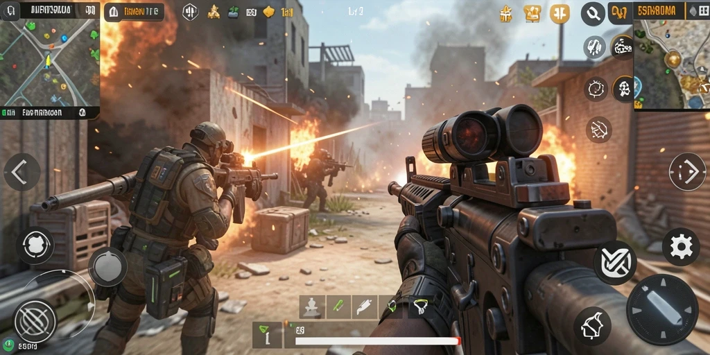 Gameplay seru dalam 55RT dengan aksi tembak-menembak yang intens.