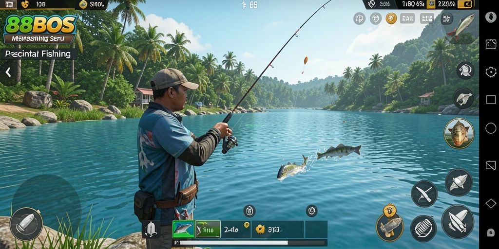 Tampilan permainan 88BOS menampilkan momen seru saat memancing ikan.