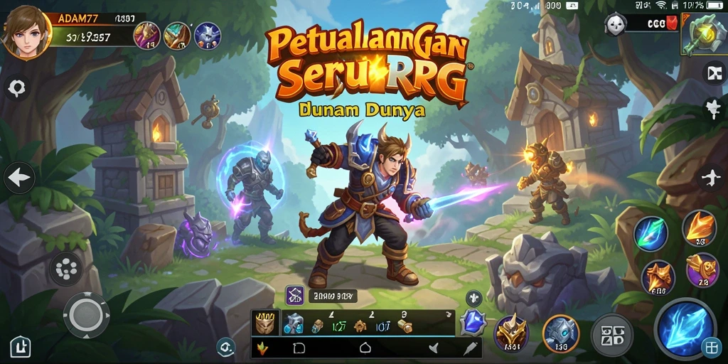 Tangkapan layar yang menunjukkan aksi seru dalam gameplay RPG ADAM77.