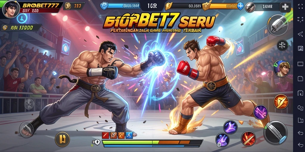 Screenshot BROBET77 menampilkan pertarungan intens dengan karakter unik.