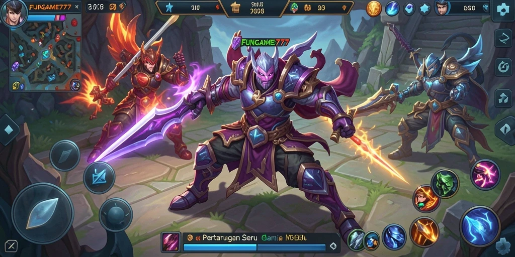 Tampilan gameplay seru dari FUNGAME777 dengan pertarungan dramatis.