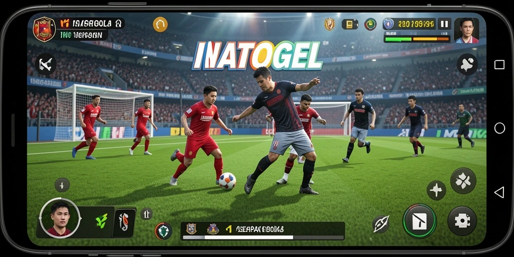 Screenshot gameplay INATOGEL menampilkan aksi seru di lapangan sepak bola.