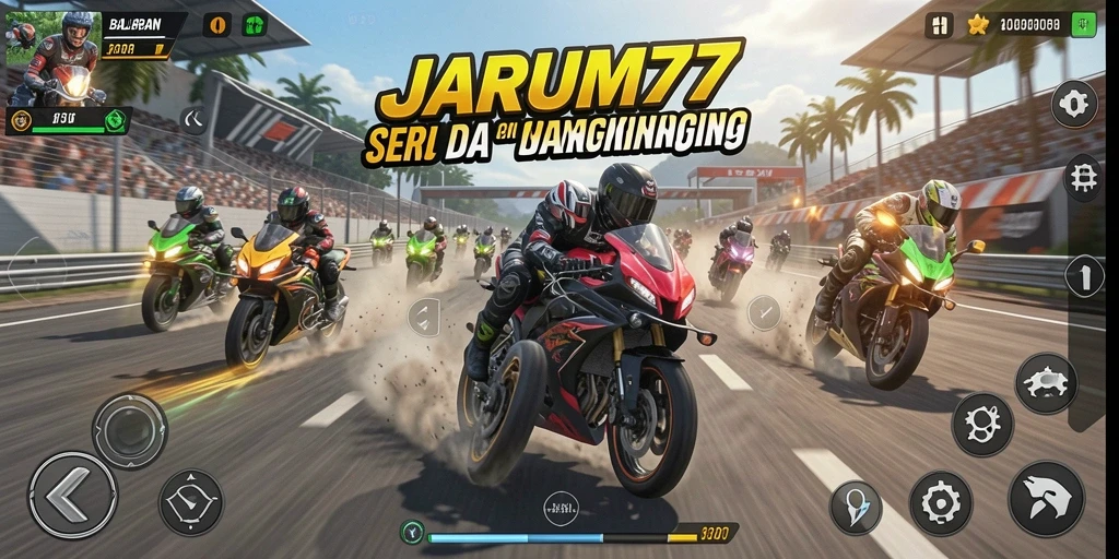 Gameplay seru dari JARUM77 dengan motor balap yang cepat.