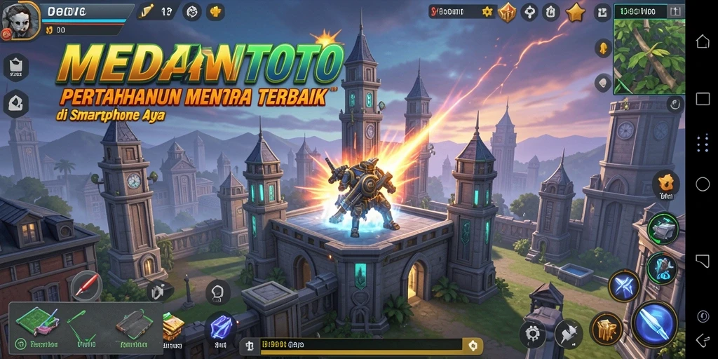 Tangkapan layar gameplay MEDANTOTO menampilkan pertahanan menara yang dinamis dan strategis.