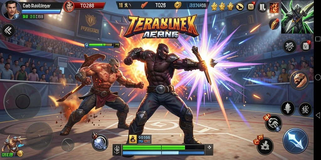Screenshot TO288 menampilkan seru pertarungan di arena.